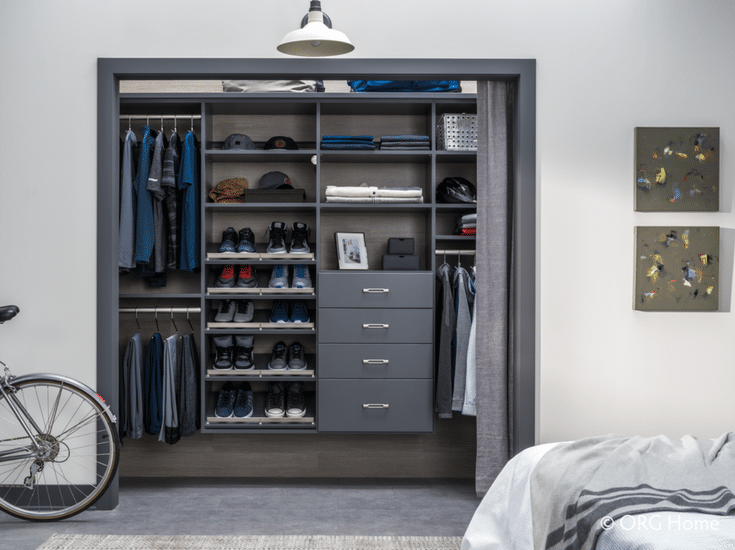 Wall mounted men's closet for a sleek minimalist look - Innovate Home Org Columbus Ohio 