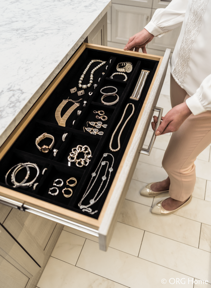 Velvet lined custom closet jewelry drawers add organization and style | Innovate Home Org Columbus Ohio 