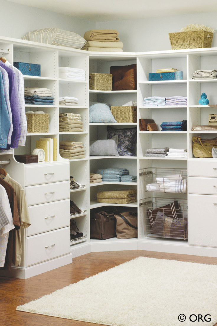 White laminate adjustable corner shelving storage system - Innovate Home Org Upper Arlington suburb Columbus Ohio