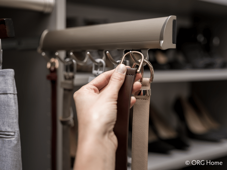 Slide out belt rack in a custom fit bedroom wardrobe closet | Innovate Home Org Columbus Ohio