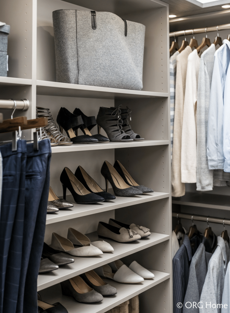 Flat adjustable shoe shelves in a Columbus ohio custom closet | Innovate Home Org 