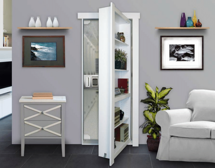 Hidden door with shelving leading to a safe room | Innovate Home Org Columbus Ohio #HiddenDoor #MurphyDoor #SafeRoom #HiddenRoom 