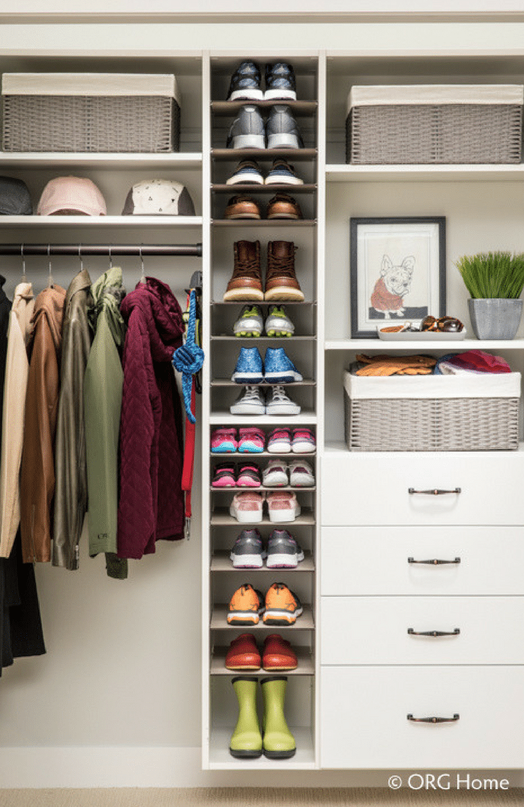 Closet with a Shoe Shrine | Innovate Home Org  | #ClosetDesign #ShoeStorage #ShoeShrine