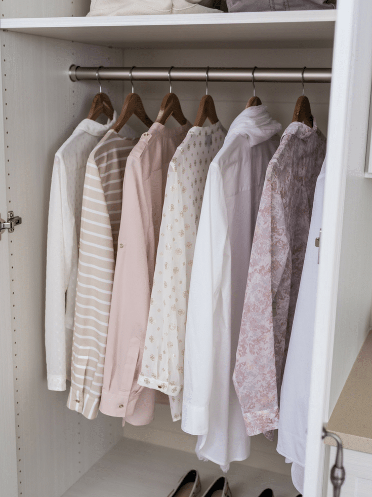 Grouping like items on closet rods blouses with blouses | Innovate Home Org | #ClosetRods #OrganizedCloset #BedrromClosetDesign