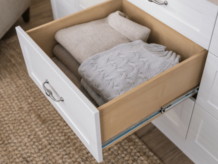 Using drawers instead of rods for more storage | Innovate Home Org | #ClosetDrawers #Drawersforclothes #CustomCloset