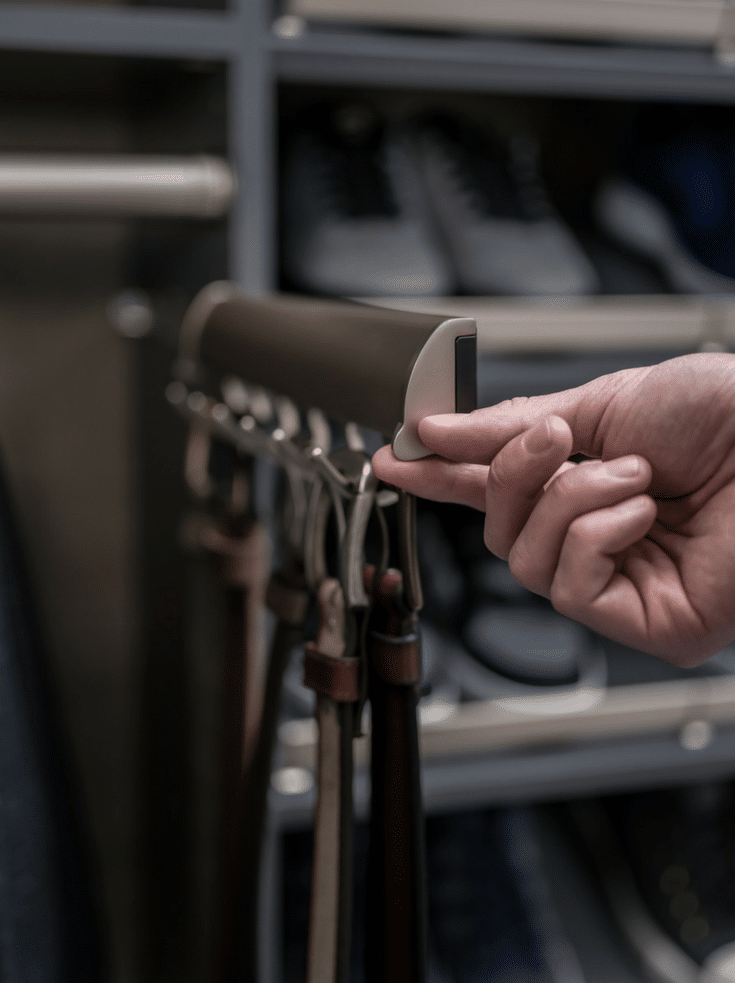 Belt rack for pull out storage in a walk in closet | Innovate Home Org | #BeltRacks #WalkInCloset #StorageforBelts