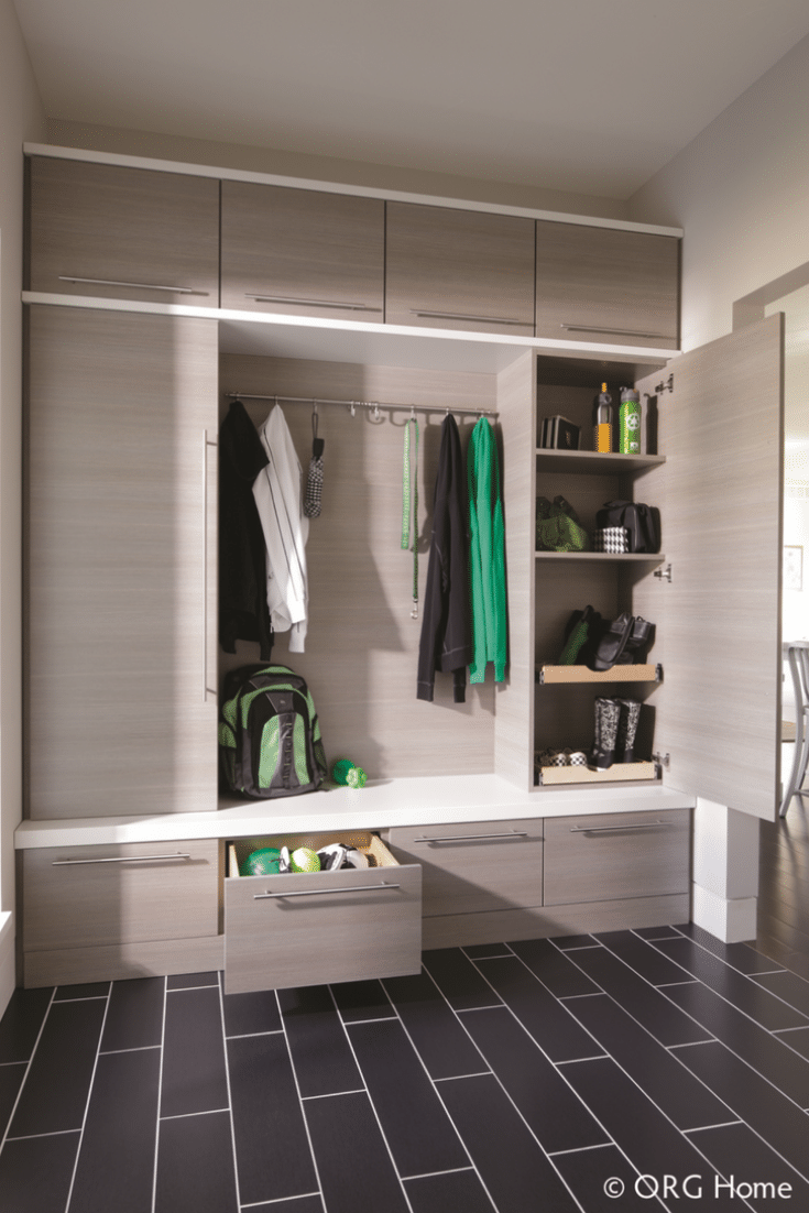 Mudroom Storage vertical space being used | Innovate Home Org | Columbus, Ohio | #MudroomStorage #VerticalStorage #TallCabinets