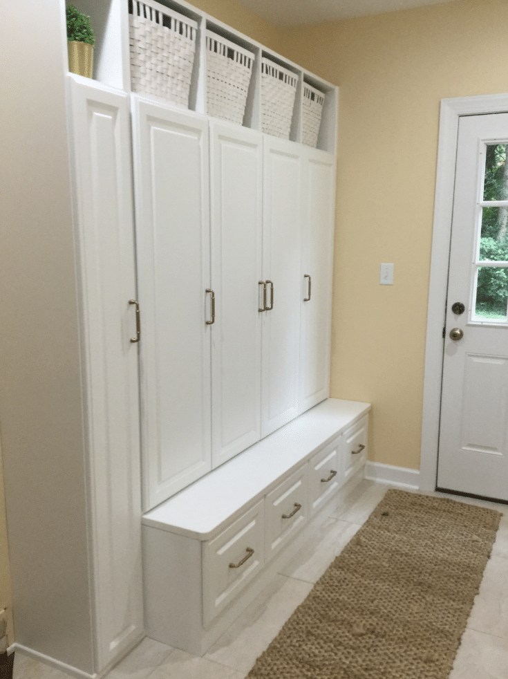 Mudroom Storage with a closed door and drawer system | Innovate Home Org | Columbus, Ohio | #MudroomStorage #ClosedCabinets #StorageSolutions