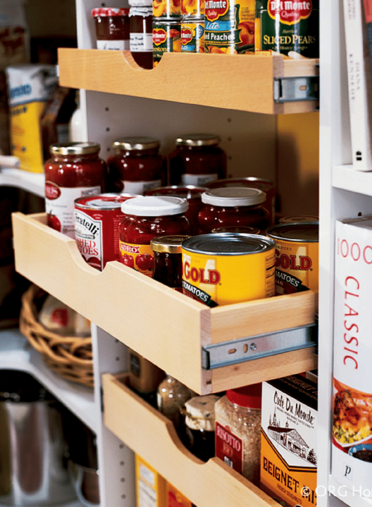 Pantry Storage Idea for canned goods | Innovate Home Org | #PantryStorage #StorageSolutions #ShelvingStorage #PullOutShelf