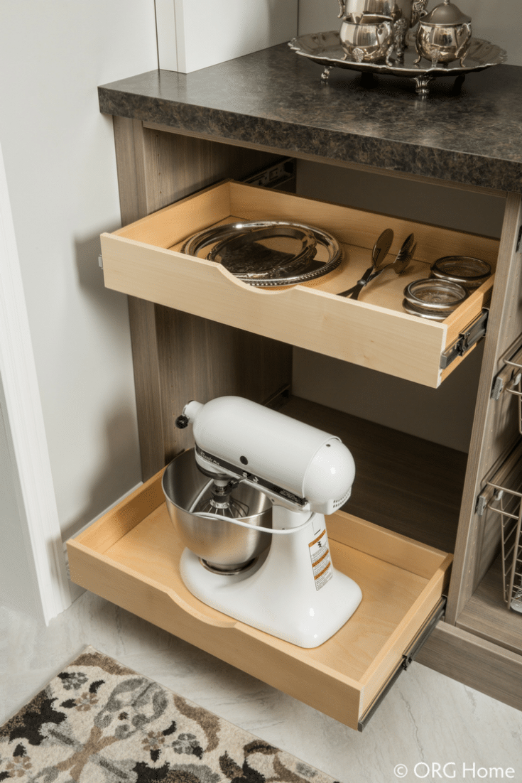 Pantry Storage pull out scoop drawers | Innovate Home Org | Columbus, Ohio | #PantryStorage #PullOutDrawers #ShelvingStorage