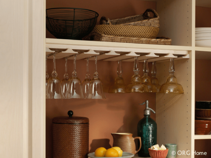 Pantry storage for wine glasses in a pantry | Innovate Home Org | Dublin, Ohio | #PantryStorage #WineGlassStorage #ShelvingStorage