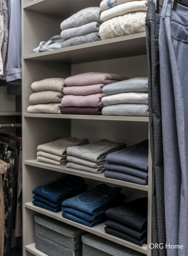 14 inch deep shelving in a custom closet | Innovate Home Org | #DeepShelving #CustomClosetDesign #DreamClosetIdeas