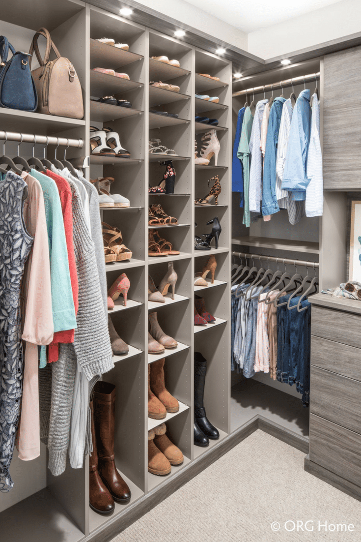 Flat shoe shelving in a custom closet | Innovate Home Org | #FlatShoeShelf #ShoeShelving #CustomShoeShelf