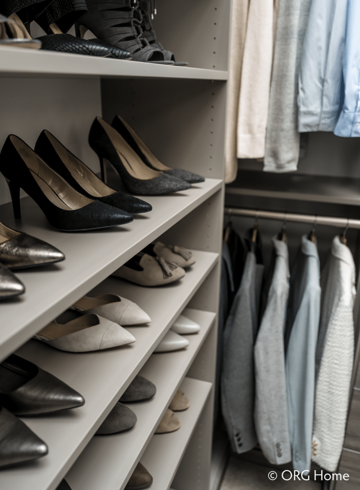 Flat shoe shelves in a custom Columbus closet | Innovate Home Org | Innovate Building Solutions | #CustomCloset #ShoeShelves #CustomShelves #ShoeOrganization 