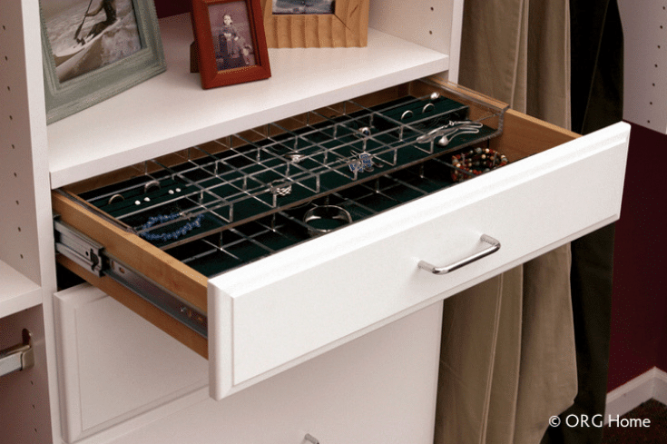 Smaller depth drawers for jewelry socks underwear in a custom Columbus closet | Innovate Home Org | Dublin, Ohio | #JewelryDrawer #StorageDrawers #ClosetOrganizer 