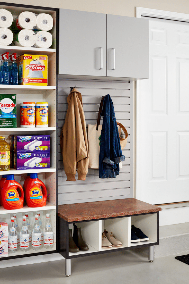 Garage boot bench entryway Delaware Ohio | Innovate Building Solutions | Innovate Home Org | #GarageStorage #EntrywayStorage #HooksMudroom 