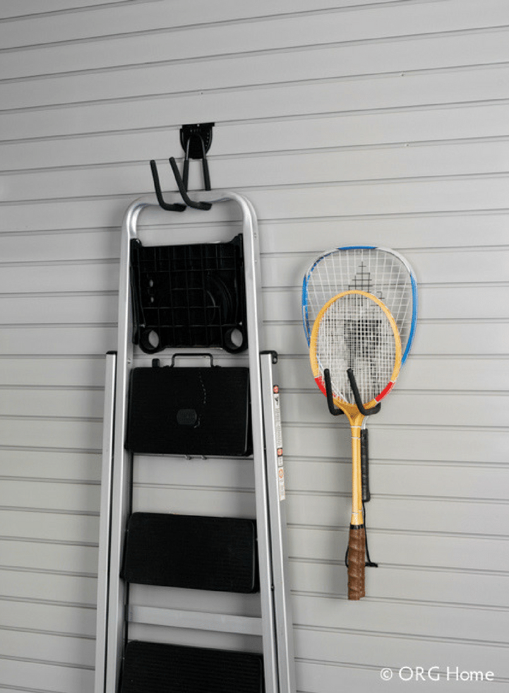 Organization slat wall and pegboard system for ladder and sporting equipment storage Columbus Ohio | Innovate Building Solutions | Innovate Home Org | #OrganizationSystem #SlatWall #StorageRacks #StorageHooks