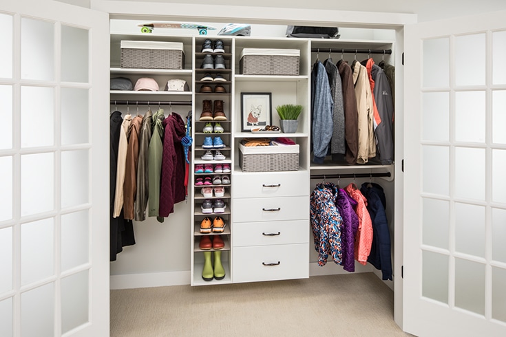 Columbus reach in closet with drawers and double hanging space | Innovate Home Org  | Columbus OH | #ReachInCloset #ClosetStorage #HanngingSpace #OrganizedCloset