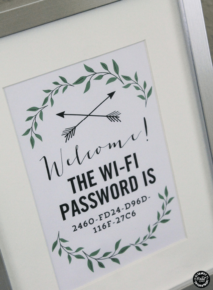 WIFI password code framed print in a guest room give credit here | Innovate Home Org | Upper Arlington OH | #WIFIPassword #WelcomingGuests #SpareBedroom #GuestBedroom