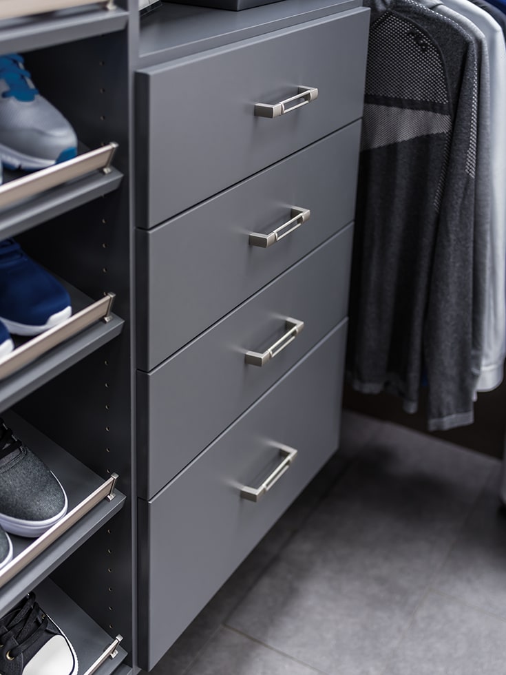 industrial style columbus closet with drawers | Innovate Building Solutions | Innovate Home Org | Upper Arlington, OH | #ColumbusClosets #ClosetDrawers #ClosetDesign