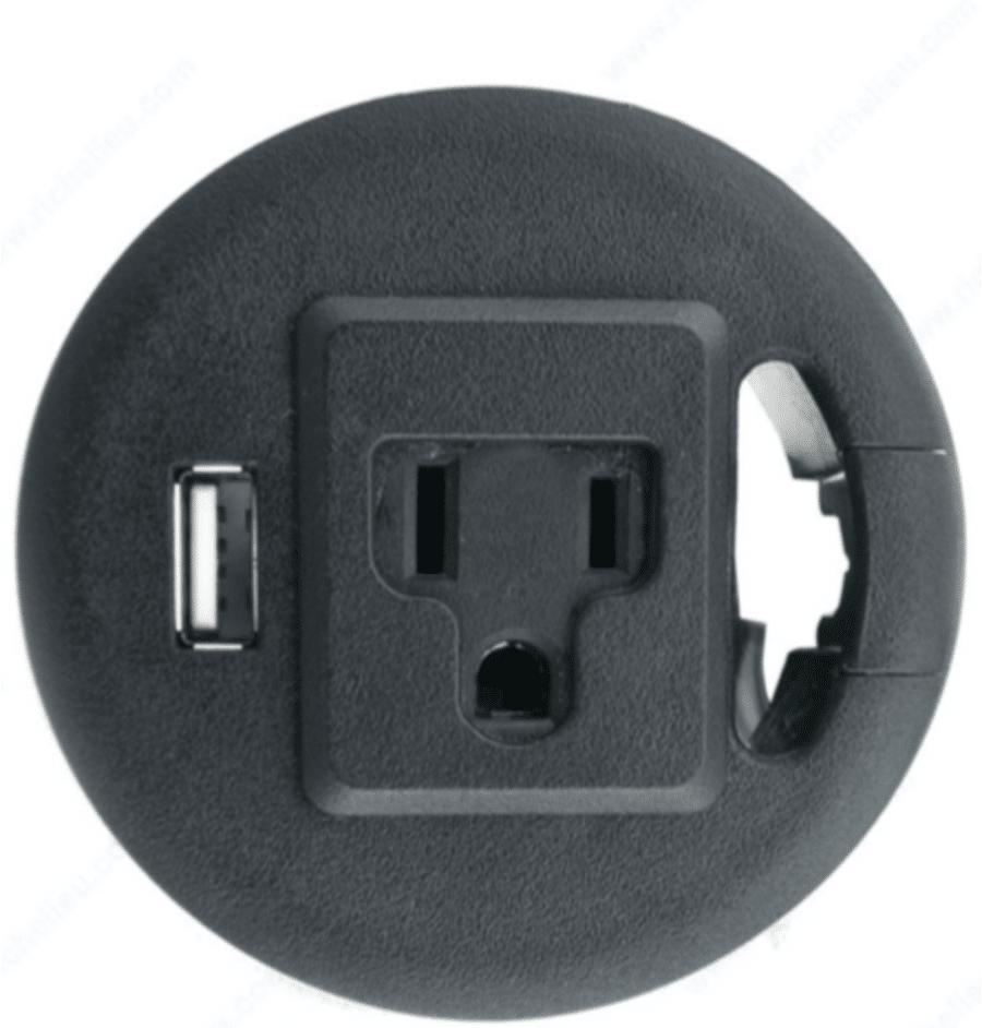 Grommet with an outlet and USB credit www.richelieu.com  | Innovate Home Org | #Grommet #OfficeCords #HomeOffice