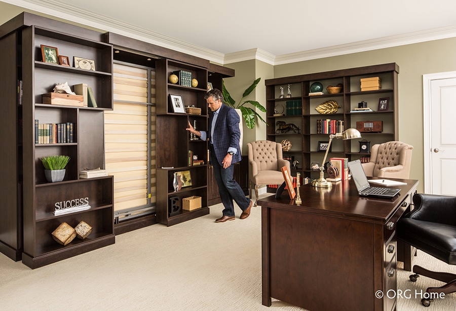 Library murphy bed with moveable bookshelves on the side | innovate home org | dublin, OH | #MurphyBed #Bookshelf #libraryshelf #WallBed