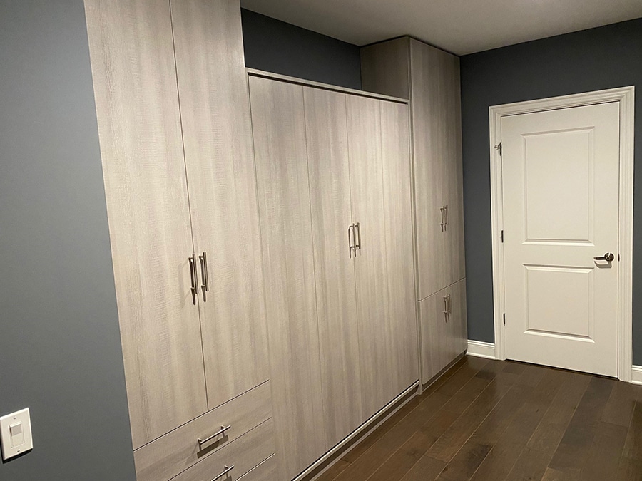 Textured laminate Murphy bed and closet wardrobe Columbus Ohio | Innovate Home Org  | #laminateWallpanels #murphyBed #ClosetSystem