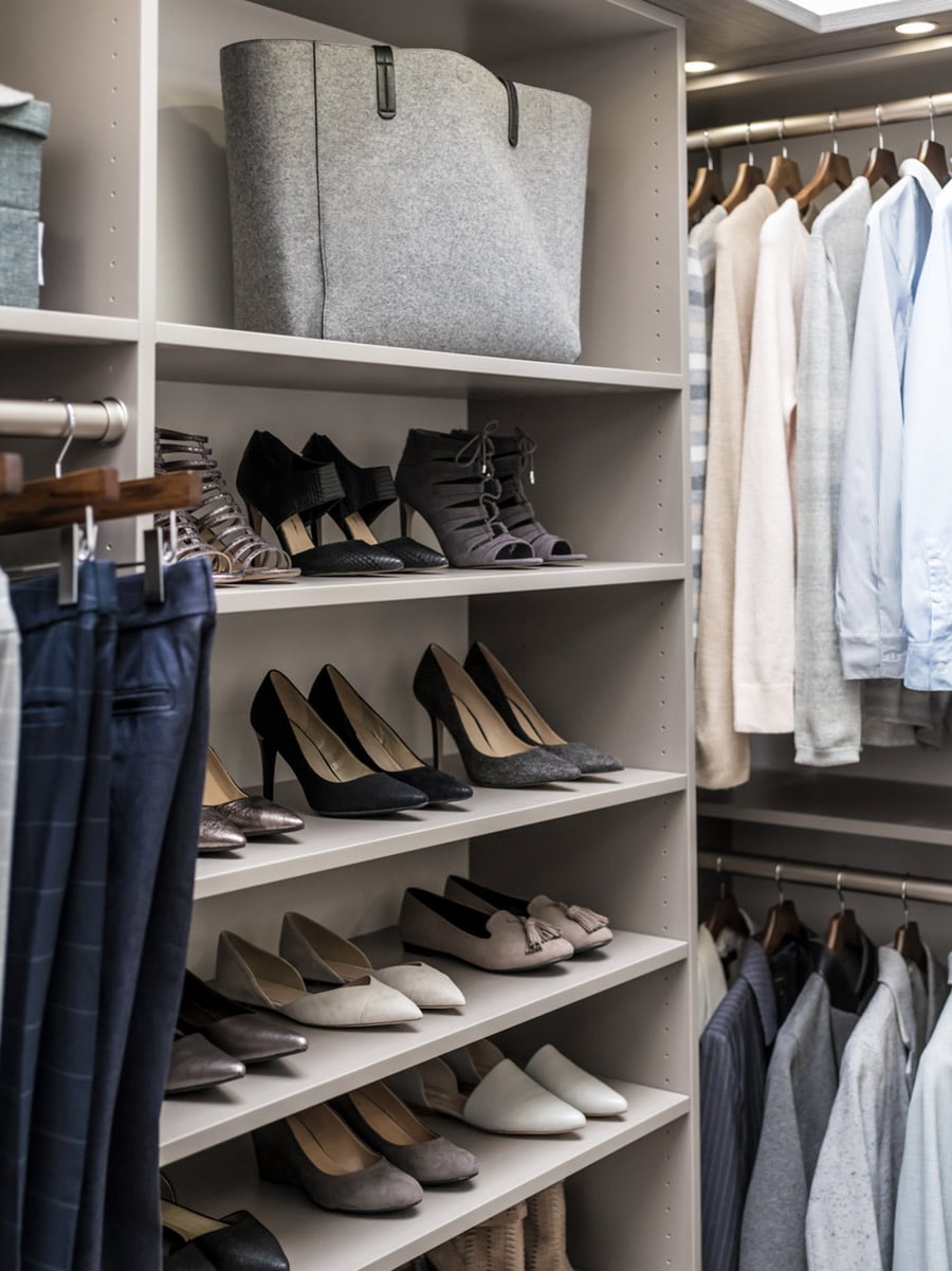 adjustable shoe shelves in a New Albany Ohio closet | Innovate Home Org | #CustomShelving #ShoeShelves #NewAlbanyOhio 