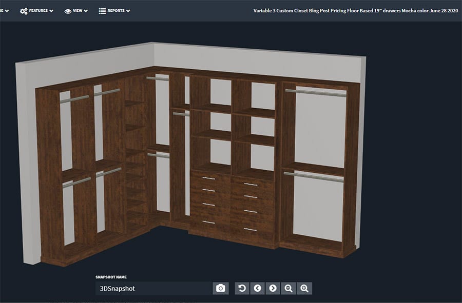 Custom walk in closet with a mocha wood look pricing Columbus ohio | Innovate Home Org | #MochaWood #ClosetOrganization #CustomWalkinCloset #Walkincloset