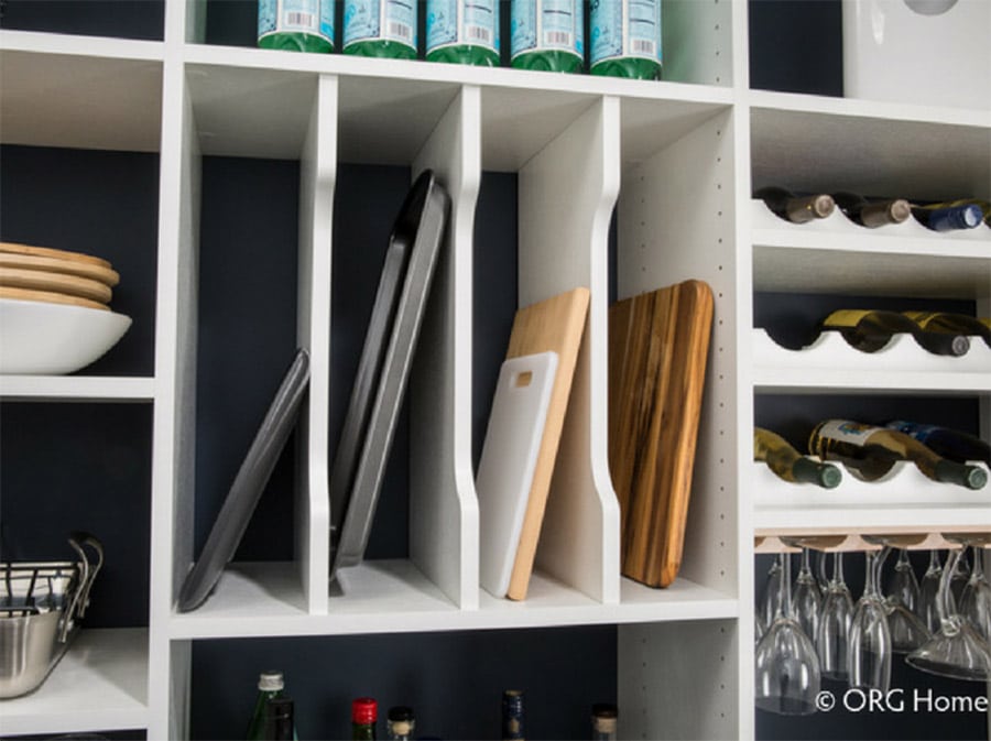 adjustable pantry shelving and cookie tray separators in a columbus custom pantry | Innovate Home Org | #PantryStorage #Shelving #KitchenPantry