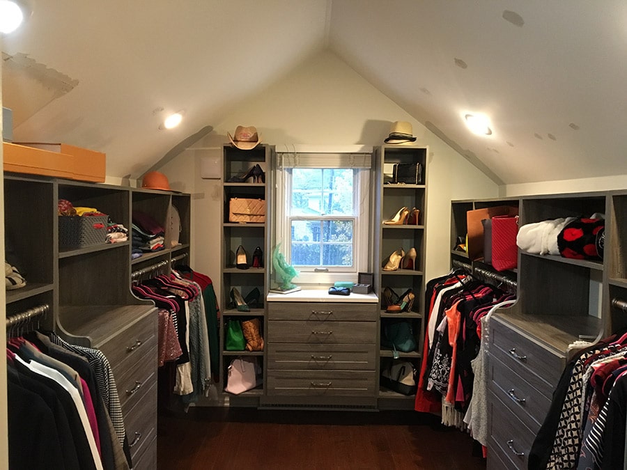 custom closet system in a dormer | Innovate Home Org | #CustomStorage #ClosetOrganization #OddShapedCloset