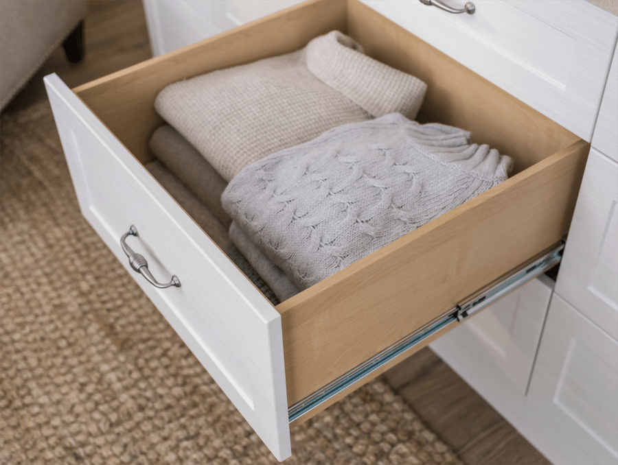 Drawers in place of hanging in a custom closet Columbus | Innovate Building Solutions | Innovate Home Org | #Drawers #CustomCloset #Storage #CustomStorage #StorageSolutions