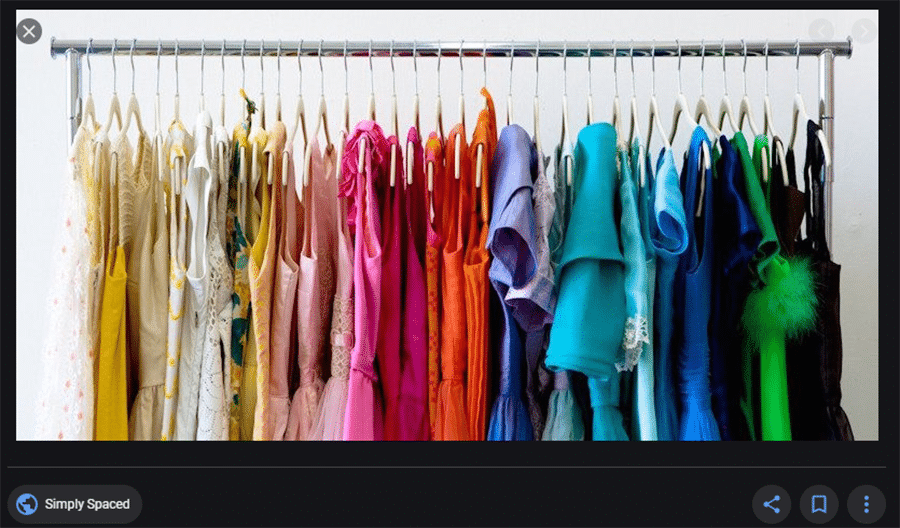 color coordinate clothes in closet credit www.simplyspaced.com  | Innovate Home Org | Innovate Building Solutions | #CustomStorage #OrganizeStorage #customcloset