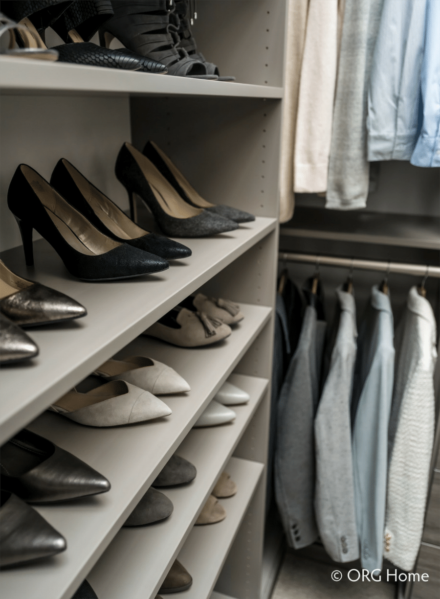 shoe shelving dublin ohio custom closet | Innovate Building Solutions | Innovate Home Org | #ShoeStorage #CustomCloset #StorageSolutions #ShelvingStorage