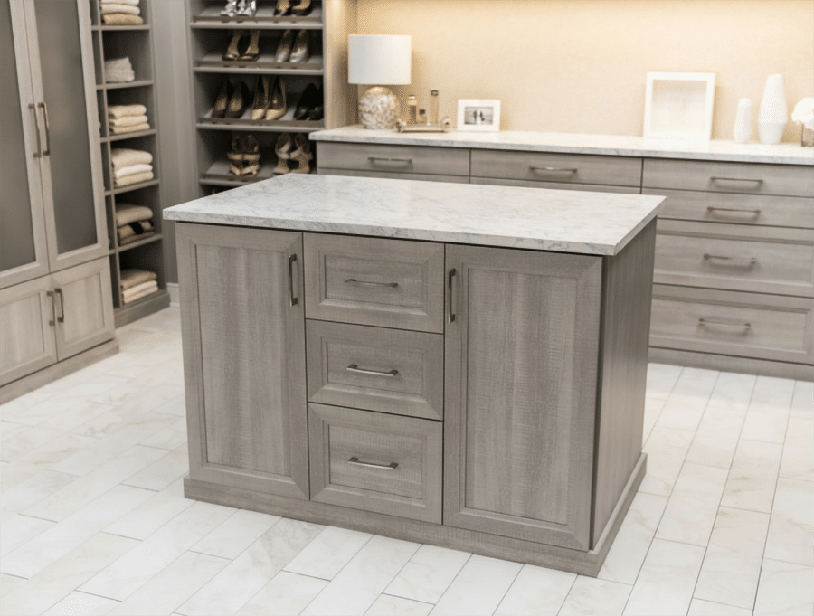 Closet island in a shaker style in Dublin Columbus Ohio | Innovate Home Org | #CustomOrganization #ShakerStyle #Drawers #ColumbusClosets