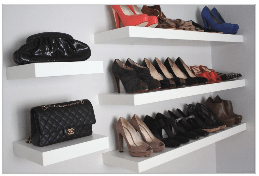 IKEA shelves with shoes and purse collection credit www.adellaandco.wordpress.com | Innovate Home Org | Ikea #IKEAStoage #CustomCloset #OrganizationSystems