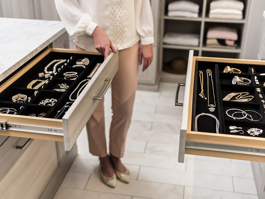 Jewelry drawers in a pataskala custom closet | #JewleryTrays #CustomStorage #Organization