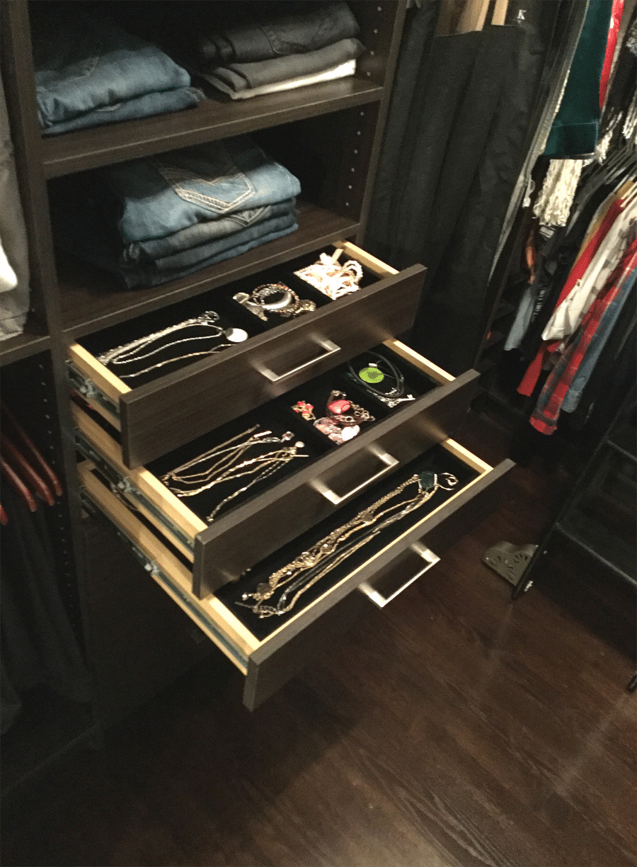 Step 10 solution 1 Velvet lined jewelry drawer boxes in a luxury custom closet in Columbus Ohio | Innovate Home Org | #Customstorage #jewlerytrays #drawers