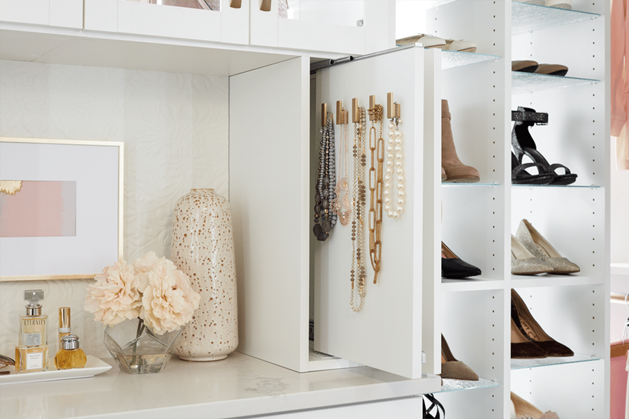 Step 10 solution 3 Slide out jewely area for necklaces columbus | Innovate Home Org | #Jewlery #JewleryStorage #CustomStorage