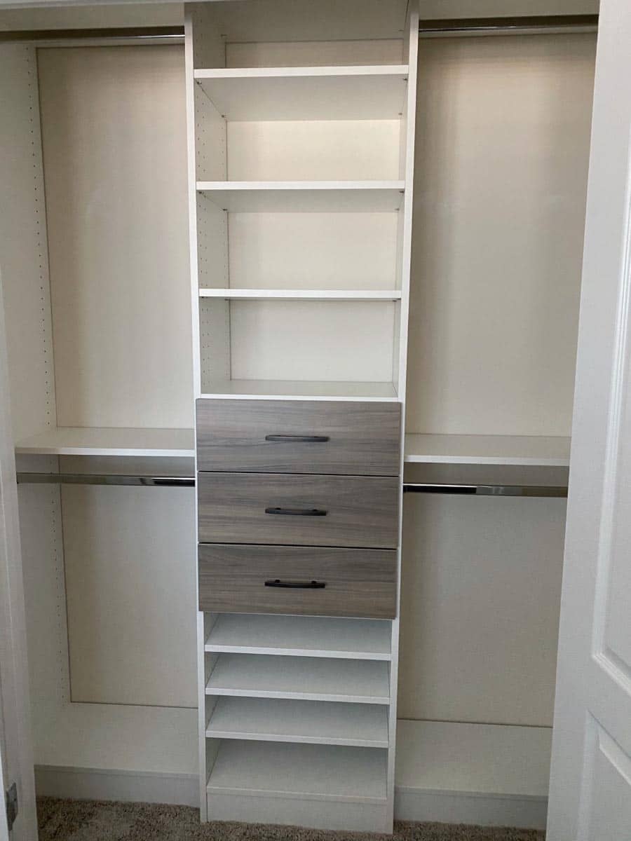 Idea 13 combining white laminate with textured drawers credit Jessica Behnke Closet Rehab | Innovate Home Org | #CustomCloset #Organization #StorageCloset