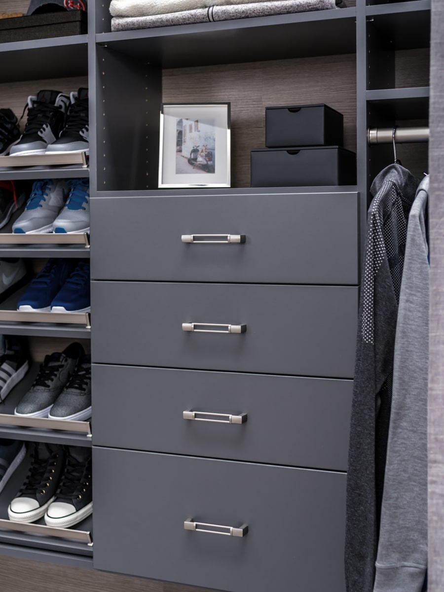 Factor 2 adjustable reach in laminate men's closet system Columbus Ohio | Innovate Home Org | #Drawers #AdjustableShelving #ReachInShelving