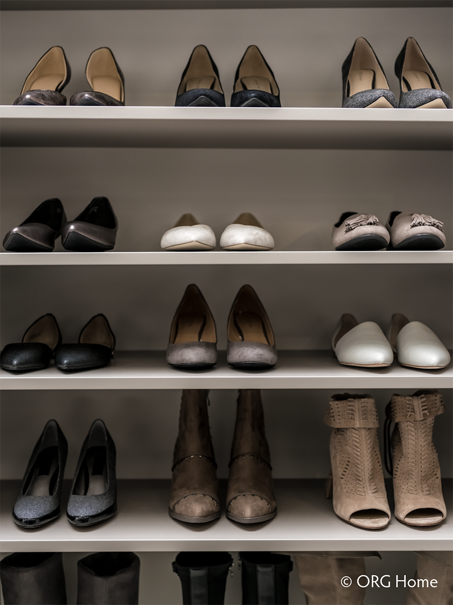 14 shoe storage in a small walk in closet columbus | Innovate Home Org | #CustomStorage #AdjustableShelving #StorageShelving #ShoeStorage