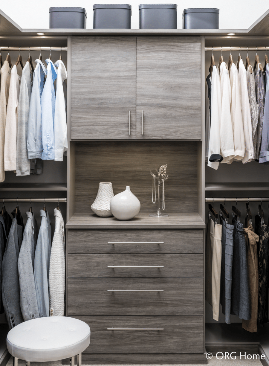 Strategy 1 add double hanging sections in columbus custom closet | Innovate Home Org #CustomStorage #HangingStorage #Doublestorage 