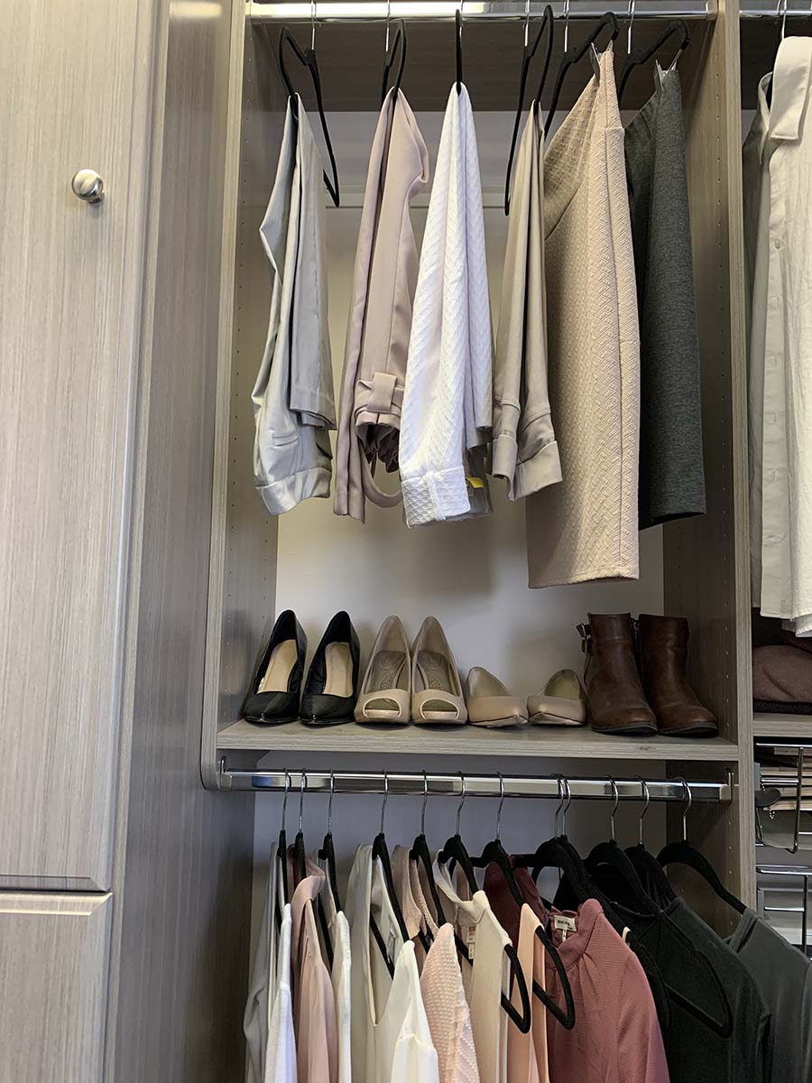 Strategy 8 pants on the top shirts on bottom double hang strategy columbus | Innovate Home Org #StorageOrganizaiton #Organization #HomeOrganization