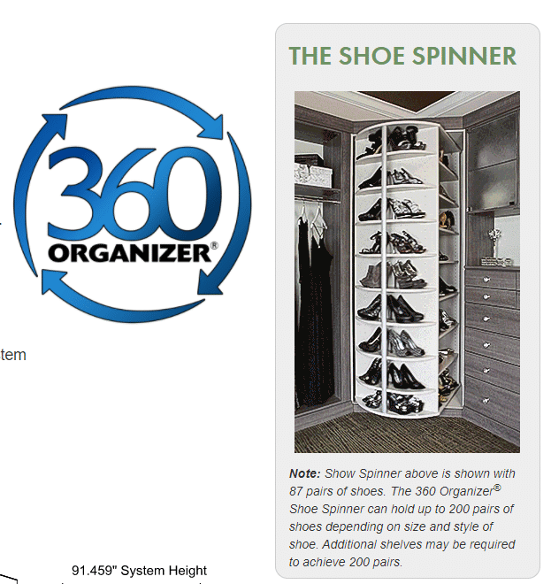 Idea 2 - 360 shoe organizer for a closet corner www.plusclosets.com  | Innovate Building Solutions #customCloset #ShoeOrganizer #ShoeStorage