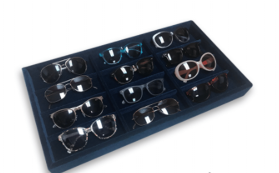 Idea 4 navy blue velvet jewelry tray designed for sunglasses | innovate Home Org #CustomStorage #Organization #NavyBlue