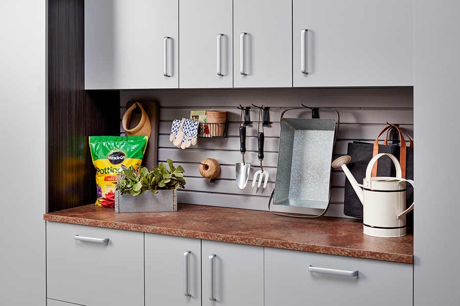 Factor 8 gray colored garage cabinets with a high pressure laminate top columbus | Innovate Home Org #Garagestorage #Organization #GrayGarage