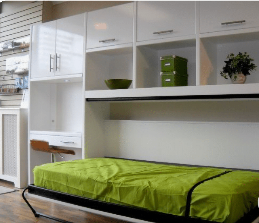 Reason 3 horizontal Murphy wall bed with storage above twin fold out bed credit www.thewowdecor.com | Innovate Home Org | Columbus Downtown   #Murphybed #WallBed #DowtownLoft