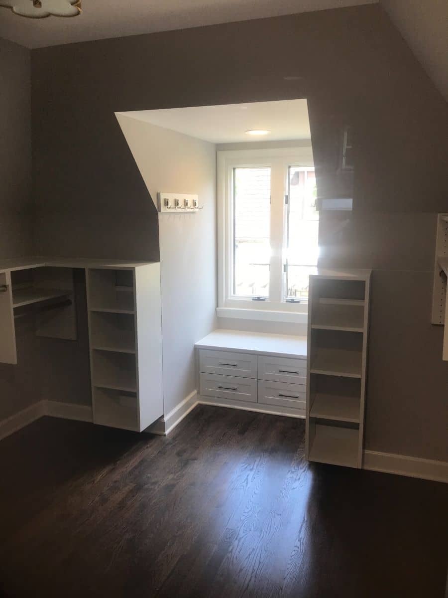 Problem 10 closet storage and bench seat in a columbus dormer style closet | Innovate Home Org #customclosetstorage #customstorage #design