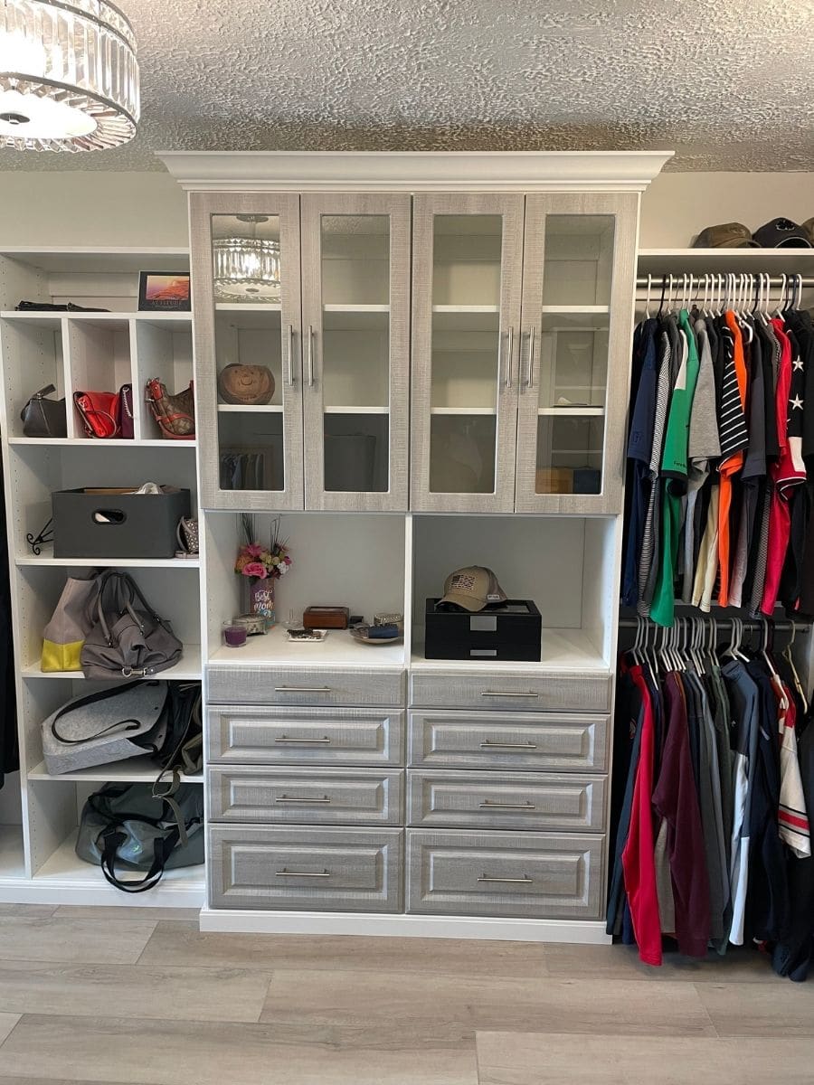 Question 2 idea 3 two tone custom closet with patterned drawers and door Westerville ohio (900 × 1200 px) | Innovate Home Org #WalkinCloset #customclosetsystem #customwallcloset